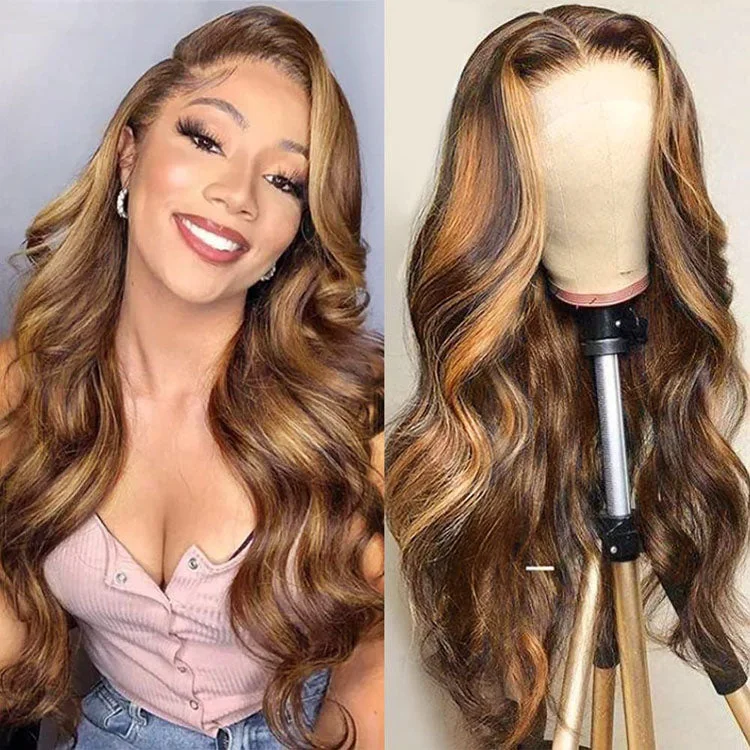 Synthetic lace wig with a heat - resistant formula13x4/13x6 HD Lace Front Wigs Body Wave 4/27 Highlight Human Hair Wigs Customized Piano Color