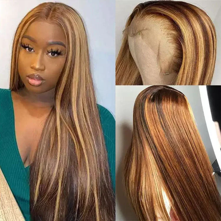 Lace wig with a silk - base cap for a comfortable and smooth feel13x4/13x6 HD Lace Front Wigs Straight 4/27 Highlight Human Hair Wigs Customized Piano Color