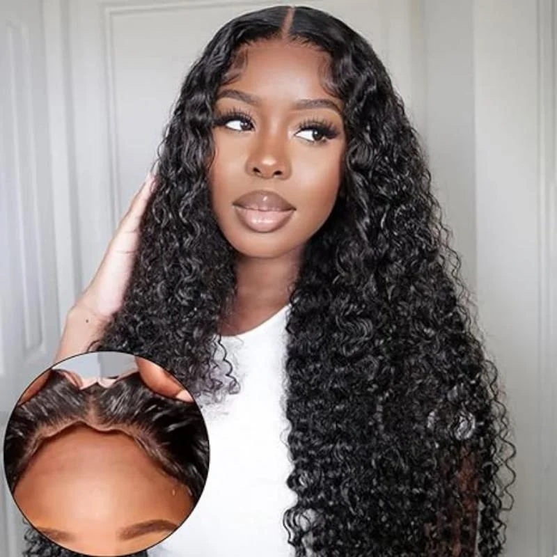 Human - hair wig with a wispy fringe for a soft and feminine look16Inch Wear And Go 200% Density Curly Glueless 5x5 Lace Closure wigs for Woman Ladies