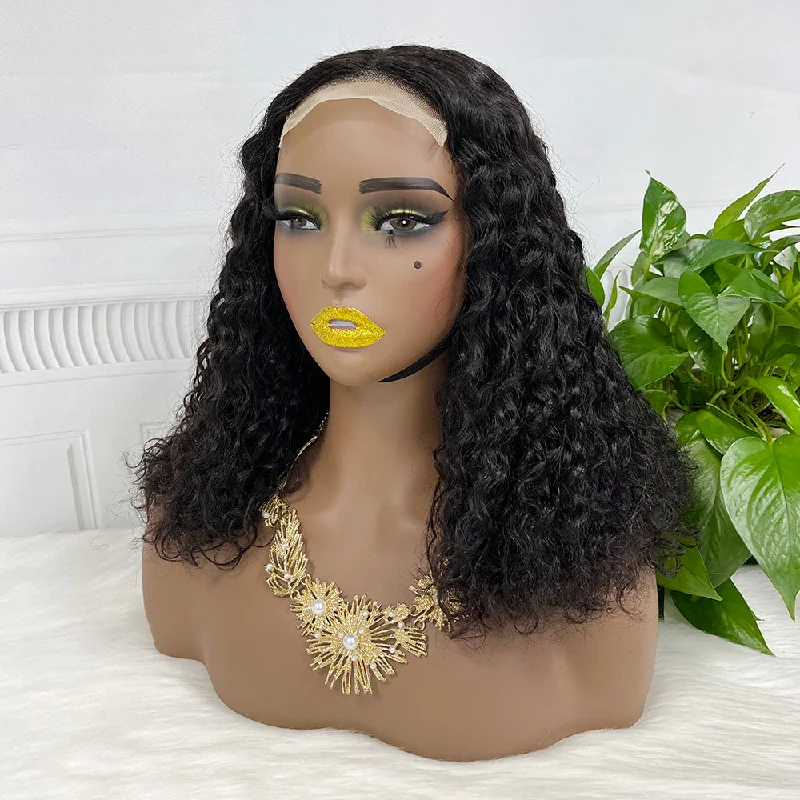 Lace wig with a wavy texture for a beachy look4*4 Lace Wig Water Wave Natural Human Hair Lace Wigs Black Color 14 inch 250% Density