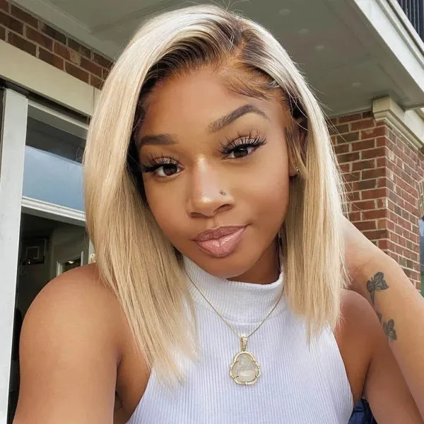 Lace wig with a curly texture for a bold and stylish choice#4/613 Ombre Blonde Bob With Dark Brown Roots Silky Straight Human Hair Glueless Lace Wig [T05]