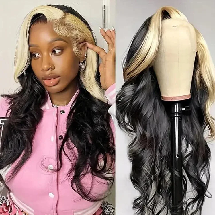 Synthetic lace wig with a heat - resistant formula4x4/13x4 Highlight HD Lace Front Wigs Body Wave Skunk Stripe Highlight Lace Front Human Hair Wigs