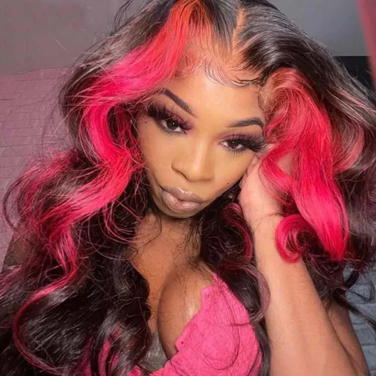 Lace wig with a wavy texture for a beachy look13x4 Highlight HD Lace Front Wigs Body Wave Skunk Stripe Pink Highlight Lace Wig 10A Grade