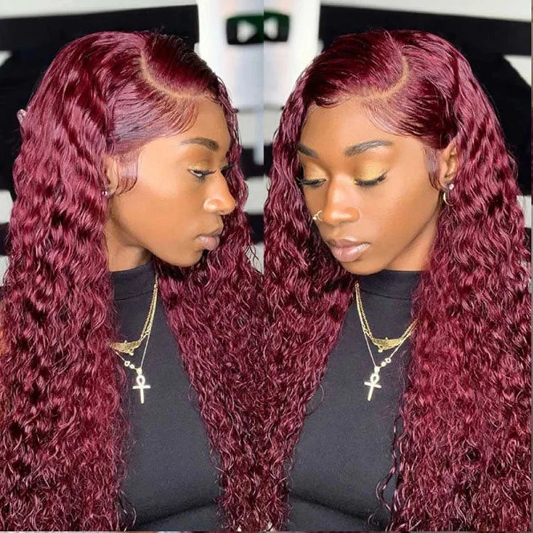 Lace wig with a side - part for a more flattering look5x5 Water Wave HD Lace Closure Wig 99j Burgundy Lace Wig for Women Brazilian Virgin Hair