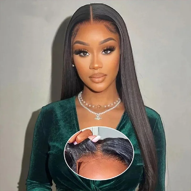 Human - hair wig with a straight texture for a sleek and minimalist lookEasy To Go Pre Cut 6x4 Lace Glueless Human Hair Straight Wigs For Women On Sale 180% Density