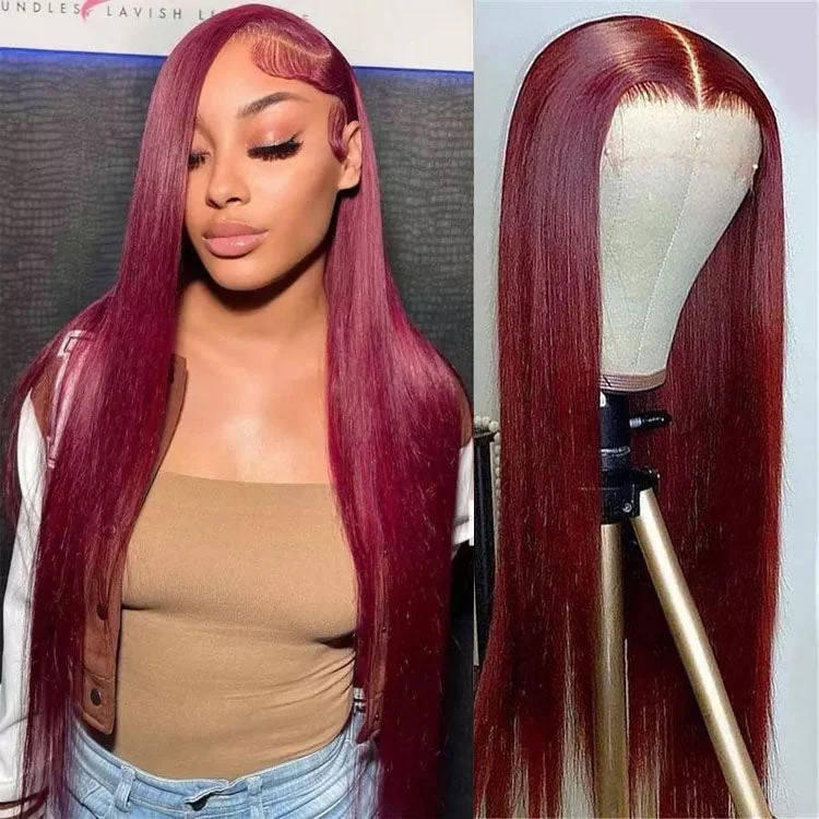 Lace wig with a 200 - density for a full and thick appearance99J Burgundy Straight Human Hair 13X4/13x6 HD Lace Front Wig Brazilian Virgin Hair