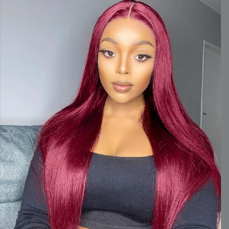 Adjustable - cap human - hair wig for a comfortable fitBurgundy 99J Straight Pre-cut 9x7 HD Lace Pre-Bleached Tiny Knots Pre-Plucked Natural Hairline Glueless Wig