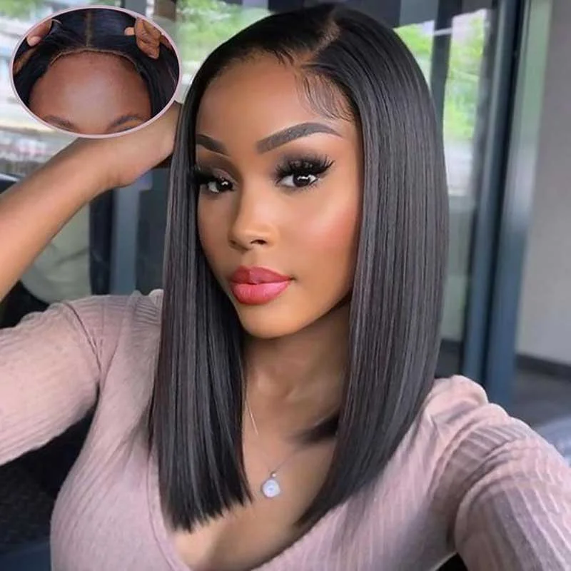 Human - hair wig with a wispy fringe for a soft and feminine lookAlibonnie Straight Wear&Go Glueless Bob Wigs Beginner-Friendly Lace Closure Glueless Wig 180% Density