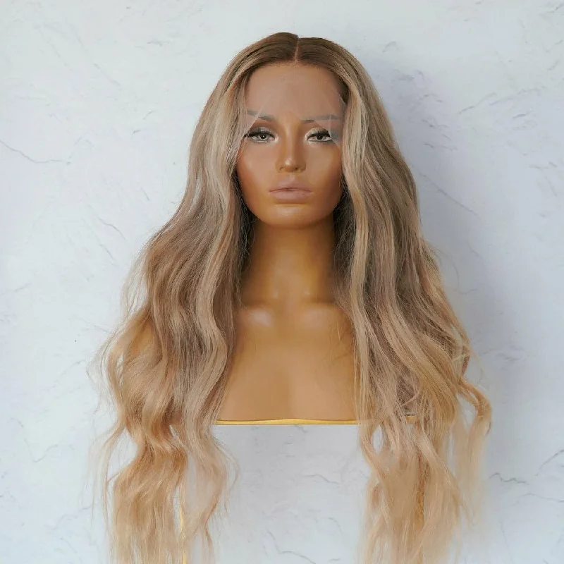 Human - hair wig with a side - swept bang for a sophisticated lookARIA Mixed Blonde Ombre Human Hair Full Lace Wig