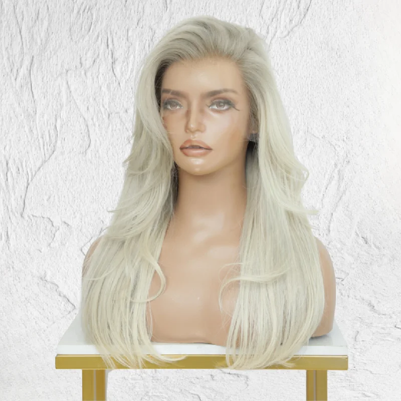 Human - hair wig in a jet - black color for a classic and timeless lookASH Root Blonde Human Hair Lace Front Wig