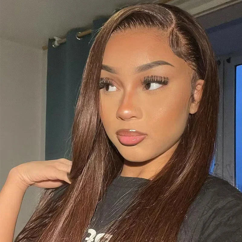 Human - hair wig with a straight texture for a sleek and minimalist lookPre-cut Lace Wig Straight Hair #4 Brown Color Ready To Go Glueless Wig 9x7 HD Lace Wig Preplucked with Natural Hairline