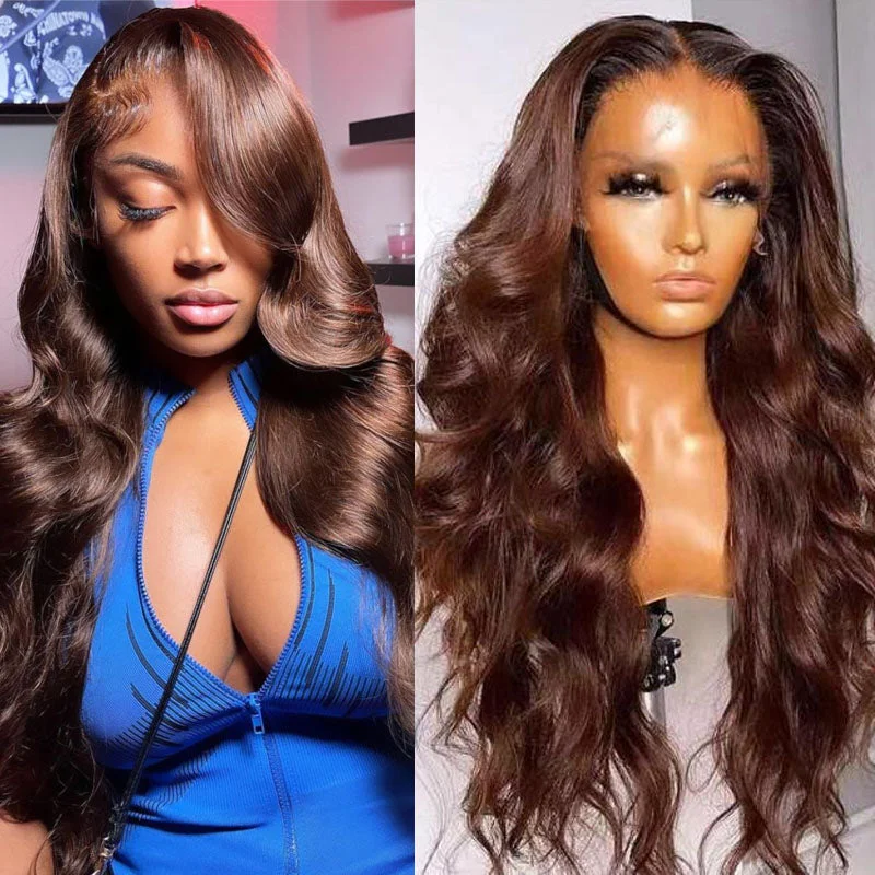 Lace wig with a pre - bleached knot for a natural - looking scalpColor 4 Chocolate Brown Lace Front Wigs 4x4/13x4 Body Wave Human Hair HD Lace Wigs 10A Grade