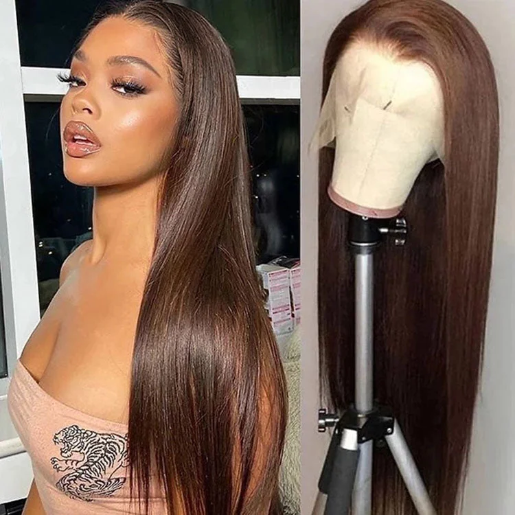 Lace wig with a side - part for a more flattering lookColor 4 Chocolate Brown Lace Front Wigs 4x4/13x4 Straight Human Hair HD Lace Closure Wigs 10A Grade