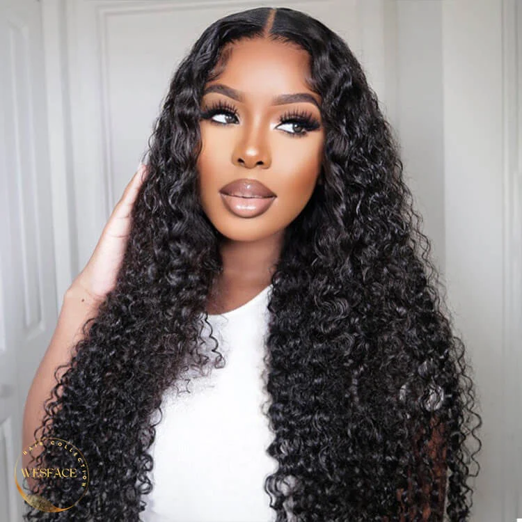 Human - hair wig with a side - part for a more flattering appearanceEasyBreezie Recommends!! Wesface Deep Curly 13x4 Lace Front Wig Upgrade Glueless Wig Natural Black Transparent Lace Human Hair Wig