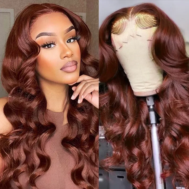 Lace wig with a natural - looking root for a more realistic lookDark Auburn Body Wave Glueless 13X6 Lace Front Wigs Pre-Plucked Hairline [F02]