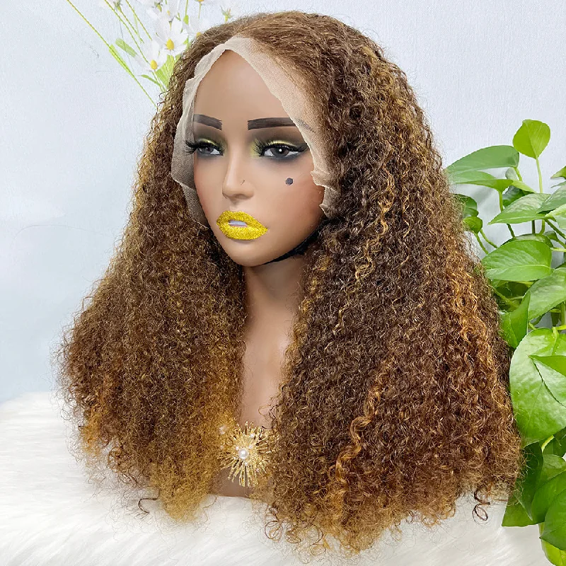 Lace wig with a pre - plucked hairline for a more natural lookDouble Drawn 13*4 Lace Wig Kinky Curl  Lace Wig Color P4/27# 300% Density