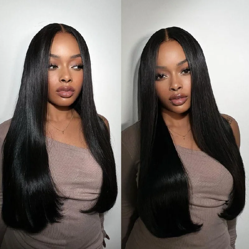 Human - hair wig with a side - part for a more flattering appearanceFlash Sale 6x6 Lace Closure Straight 180% Density Human Hair Natural Black Wigs