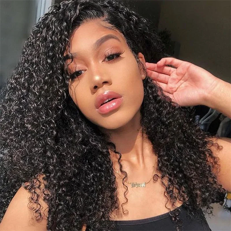 Human - hair wig with a middle - part for a classic and elegant styleFlash Sale Wesface Curly 13x4 Lace Front Natural Black Human Hair Wig 180% Density