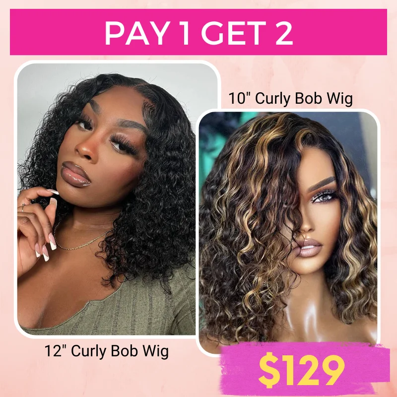 Human - hair wig with a curly texture for a bold and stylish choicePay 1 Get 2 Curly Natural Black+P4/27 Color 4x4 Lace Bob Wig 180% Density