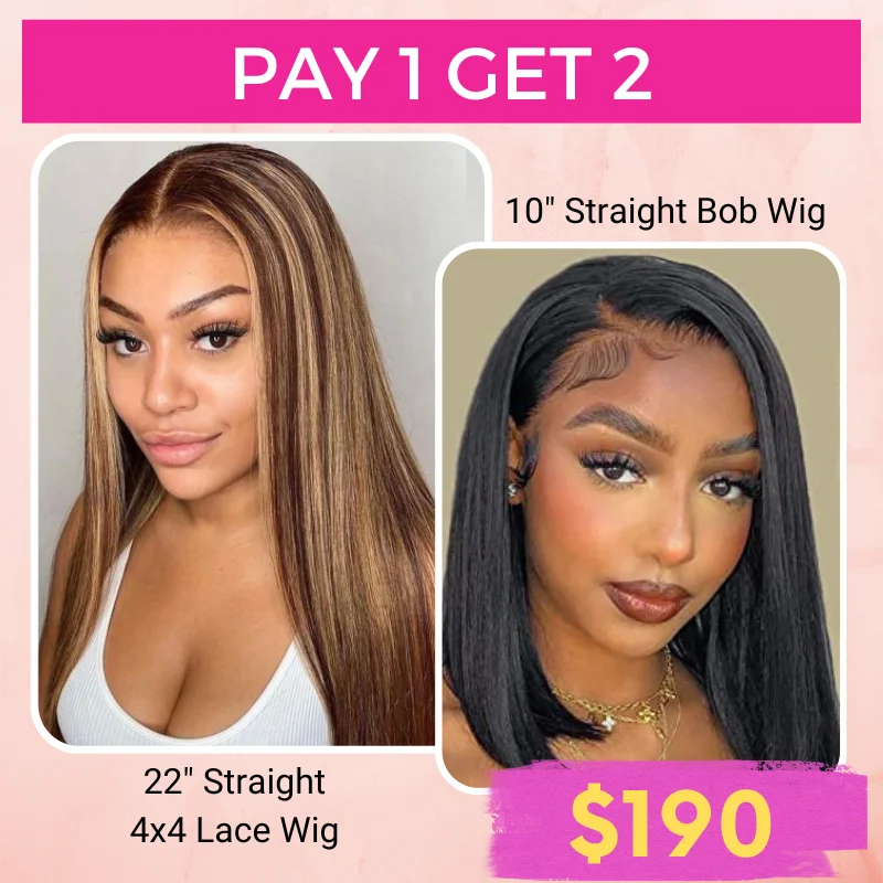 Human - hair wig with a wispy fringe for a soft and feminine lookPay 1 Get 2 Straight Hair P4/27 Color 4x4 Lace Wig+Natural Black 13x4 Lace Bob Wig 180% Density