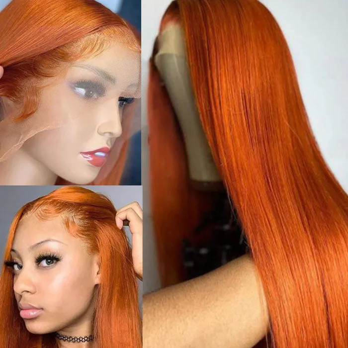 Lace wig with a honey - blonde color for a warm and sunny appearanceGinger Orange Wigs 13x4 HD Transparent Lace Front Human Hair Wig Straight Glueless Lace Wigs Pre Plucked