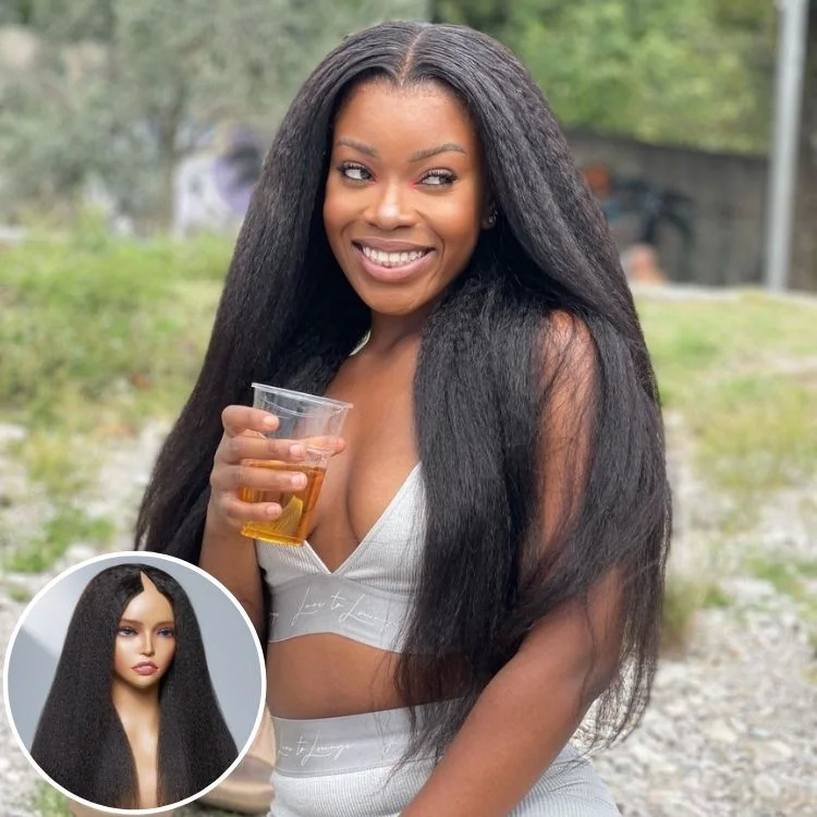 Human - hair wig with a pre - plucked hairline for a more natural lookProtective V Part Glueless Long Wig 100% Human Hair (Kinky Straight / Body Wave / Jerry Curly)