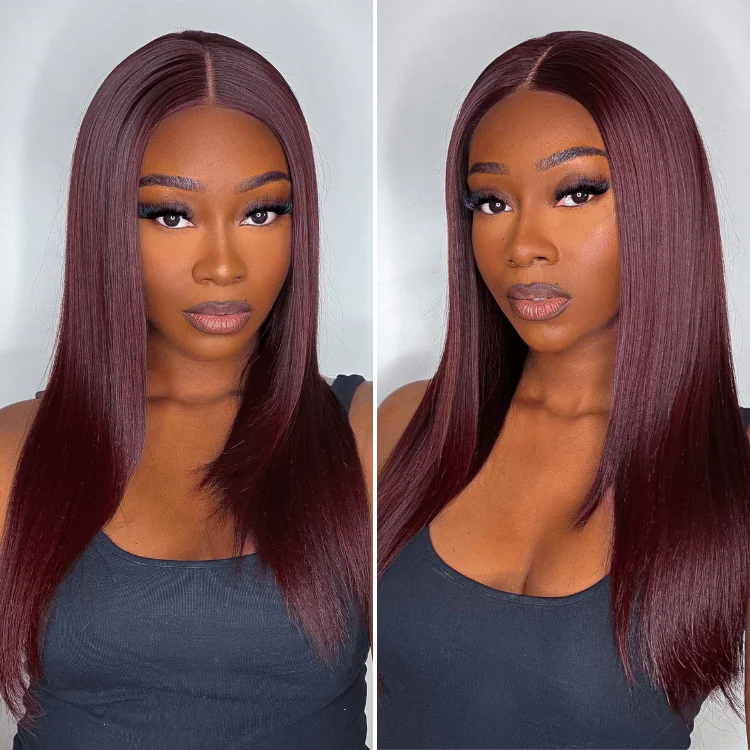 Human - hair wig with a side - swept bang for a sophisticated lookGraceful 99J Burgundy Straight Layer Glueless 5x5 Closure Lace Mid Part Long Wig 100% Human Hair