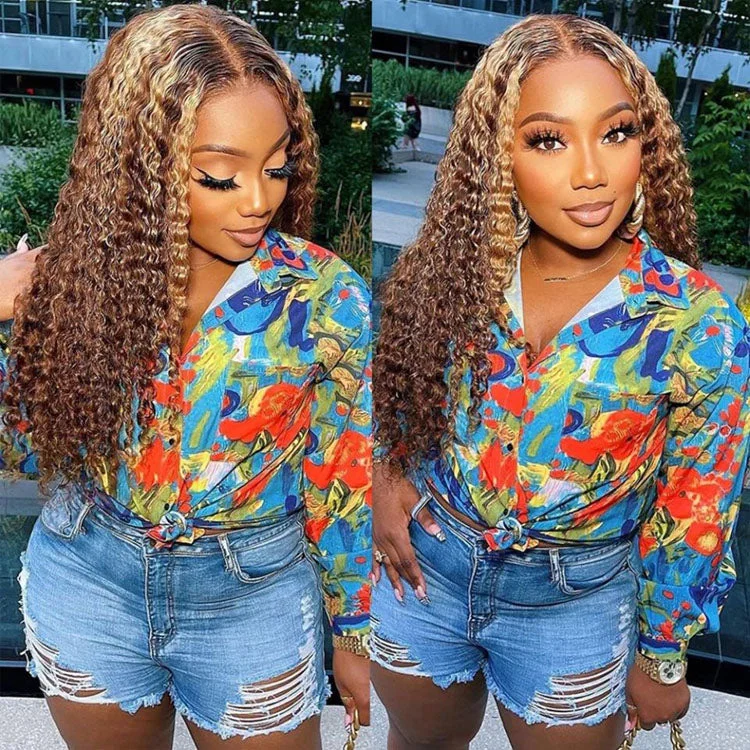 Lace wig in a chocolate - brown color for a rich and warm appearanceHighlight Brown Deep Wave 4x4 HD Lace Closure Wig Highlight Piano Color Glueless Human Hair Wig