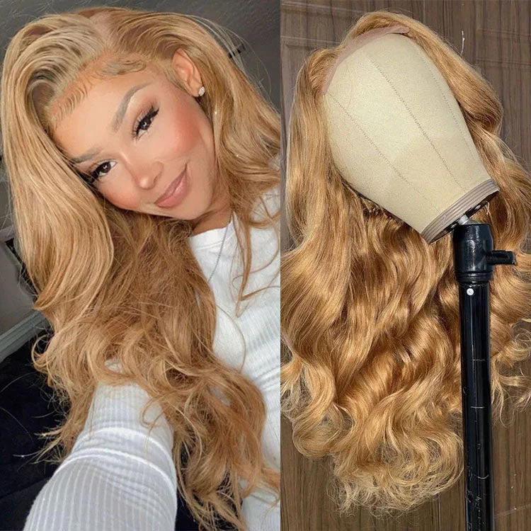 Lace wig with a curly texture for a bold and stylish choiceHoney Blonde 5x5 Body Wave HD Lace Closure Wigs Virgin Brazilian Human Hair