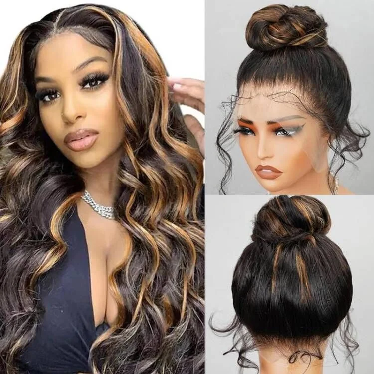 Lace wig with a wavy texture for a beachy look[Invisible Strap Adjustable]  1B/30 Highlight New Tech Upgrade Glueless 360 HD Lace Wigs With Invisi-Strap Snug Fit Pre Plucked Lace Parting Anywhere