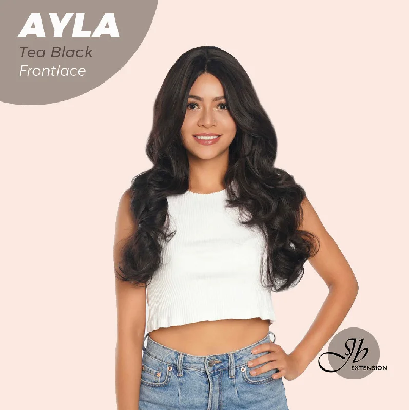 Lace wig in a chocolate - brown color for a rich and warm appearanceJBEXTENSION 24 Inches Body Wave Tea Black Darkest Brown Pre-Cut Frontlace Glueless Wig AYLA TEA BLACK (Darkest Brown)