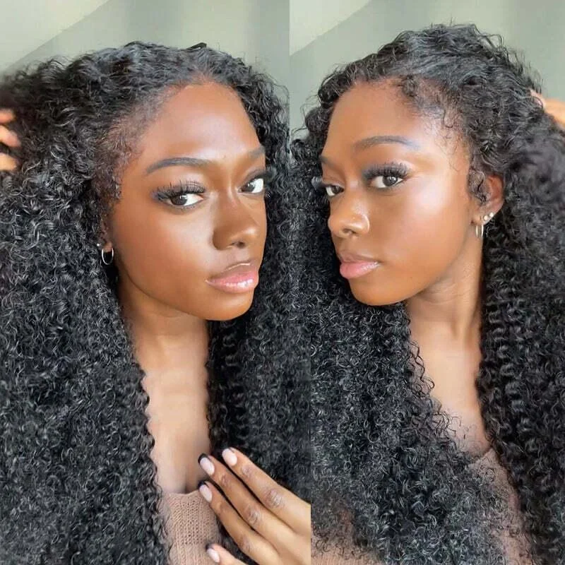 Lace wig with a platinum - blonde color for a bold and trendy lookKinky Curly Wigs With 4C Edges Lace Front Wigs Pre Plucked HD Lace Wigs High Density