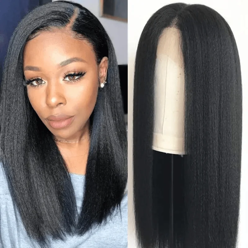 Lace wig with a wavy texture for a beachy lookKinky Straight 13X4 Glueless Lace Front Wigs Indian Virgin Hair [B68]