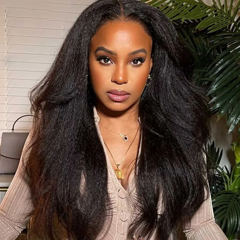 Lace wig in a chocolate - brown color for a rich and warm appearanceAlibonnie Hair Kinky Straight 13x4 Lace Front Wigs Human Hair Pre Plucked 180% Density