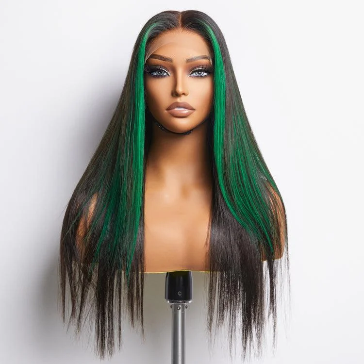 Human - hair wig with a middle - part for a classic and elegant styleLimited Design | Green Highlight Silky Straight Glueless 5x5 Closure Lace Wig | Large & Small Cap Size