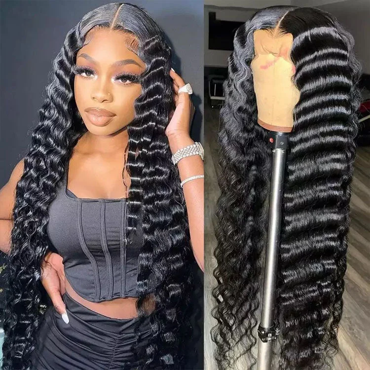 Lace wig with a platinum - blonde color for a bold and trendy lookInvisible HD Lace Loose Deep Wave Wig 13x4 Lace Frontal Wigs Loose Curly Human Hair Pre Plucked Lace Wigs 10A Virgin Hair