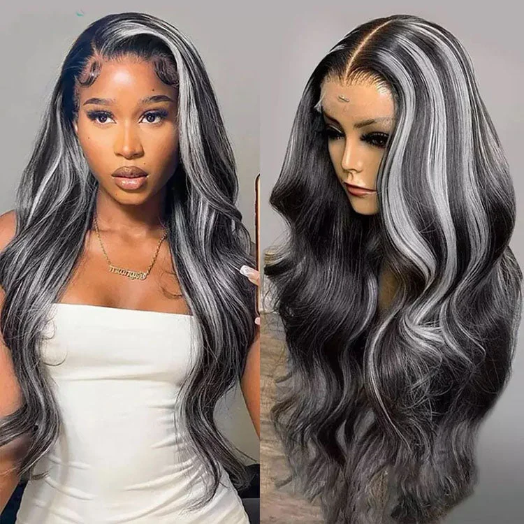 Lace wig with a pre - plucked hairline for a more natural lookNew Silver Highlight Human Hair Wigs Body Wave Platinum Blonde Lace Front Wigs 5x5 HD Transparent Lace Closure Wigs