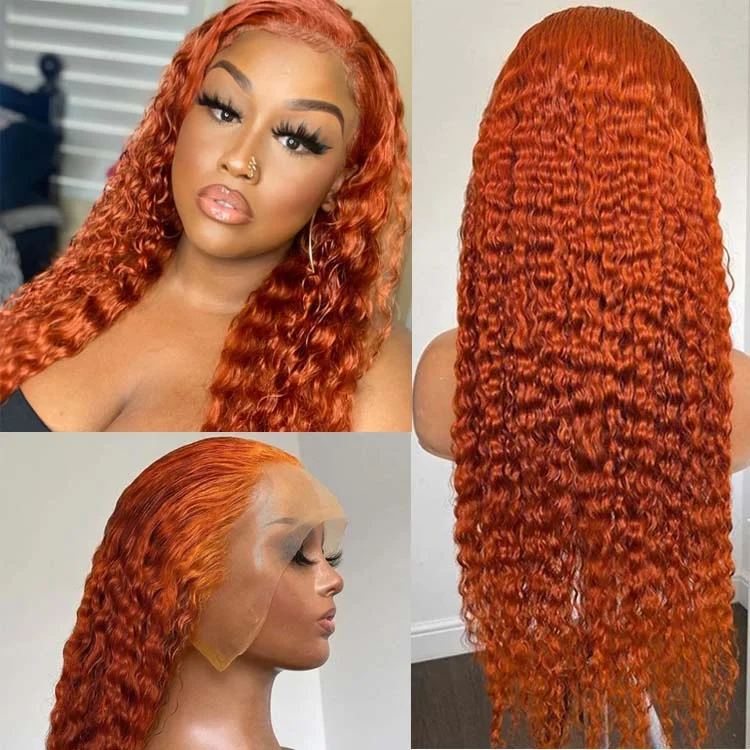 Lace wig with a 13x4 lace frontal for a wide - parting areaOssilee Ginger Orange Color Water Wave Wig 13x4 HD Lace Front Human Hair Wigs 10A Grade