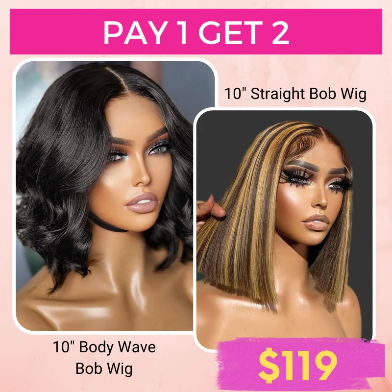 Malaysian - human - hair wig with a smooth and silky texturePay 1 Get 2 Straight Hair P4/27 Color+ Body Wave Natural Black 4x4 Lace Bob Wig 180% Density