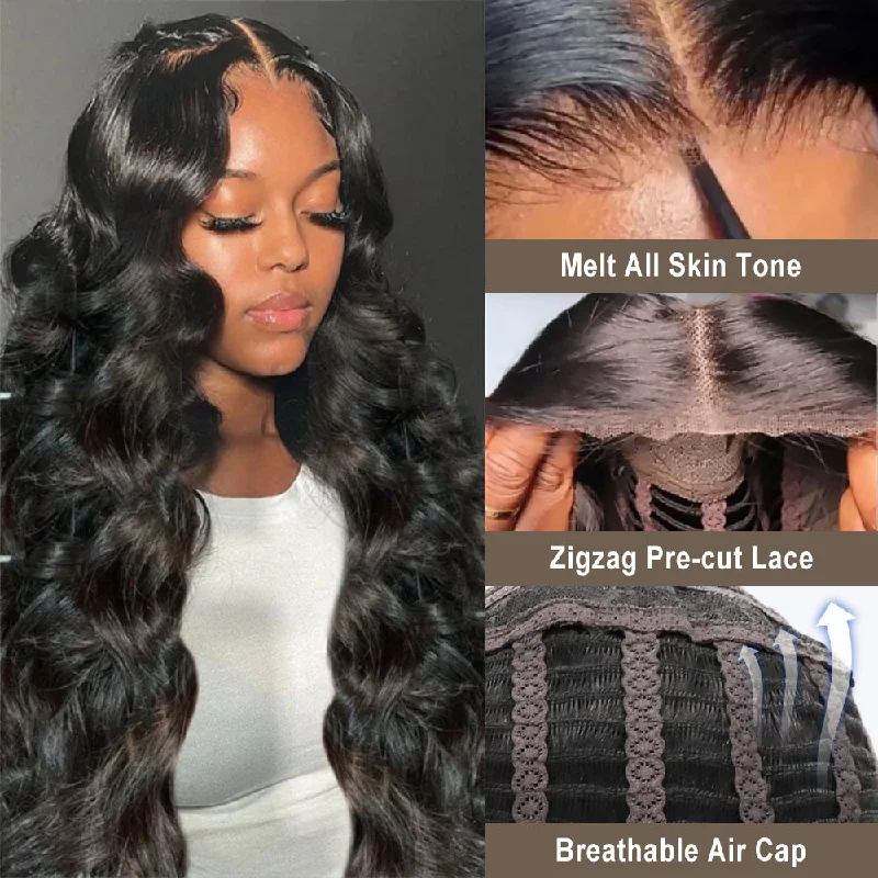 Lace wig with a 13x4 lace frontal for a wide - parting areaWear & Go Body Wave 7x5 HD Pre-cut Lace Pre-bleached Tiny Knots Glueless Lace Closure Wig  [PL01]