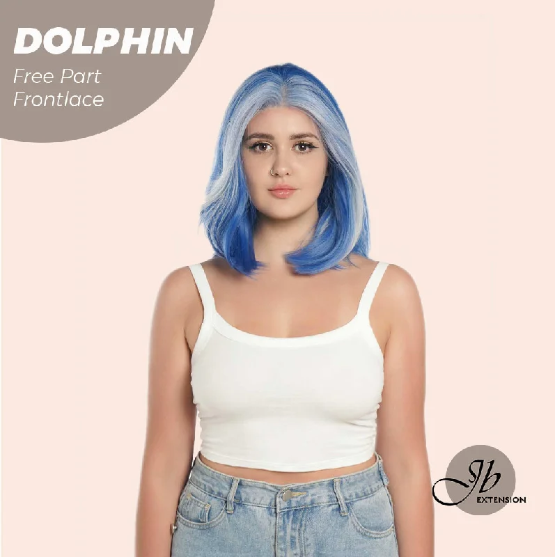 Lace wig with a pre - plucked hairline for a more natural lookJBEXTENSION 12 Inches Bob Cut Blue With White Highlight Free Part Pre-Cut Frontlace Glueless Wig DOLPHIN