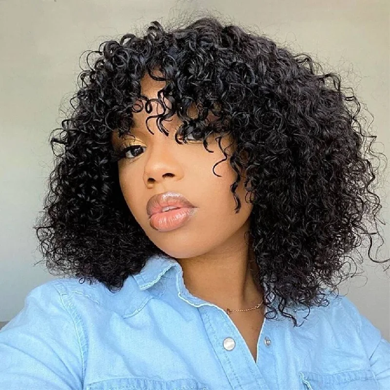 Lace wig with a middle - part for a classic and elegant stylePut on & Go Short Curly Fringe Wig With Hot Bangs Human Hair Top Lace Wig [T02]