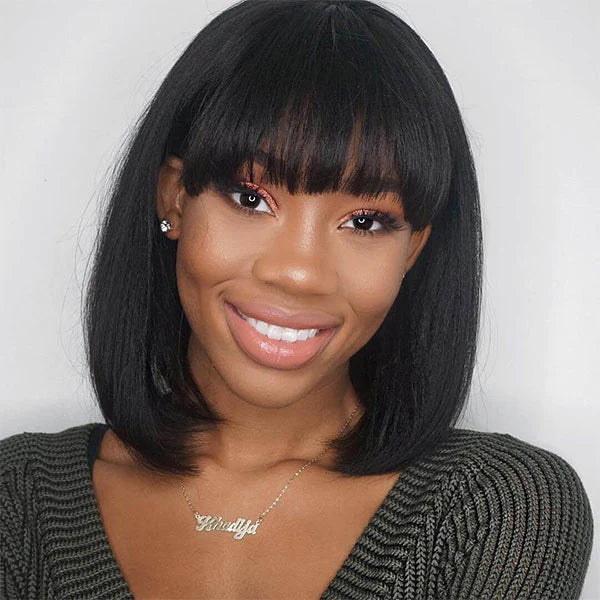 Lace wig with a wavy texture for a beachy lookPut On & Go Silky Straight With Bangs Human Hair Top Lace Wig [T06]