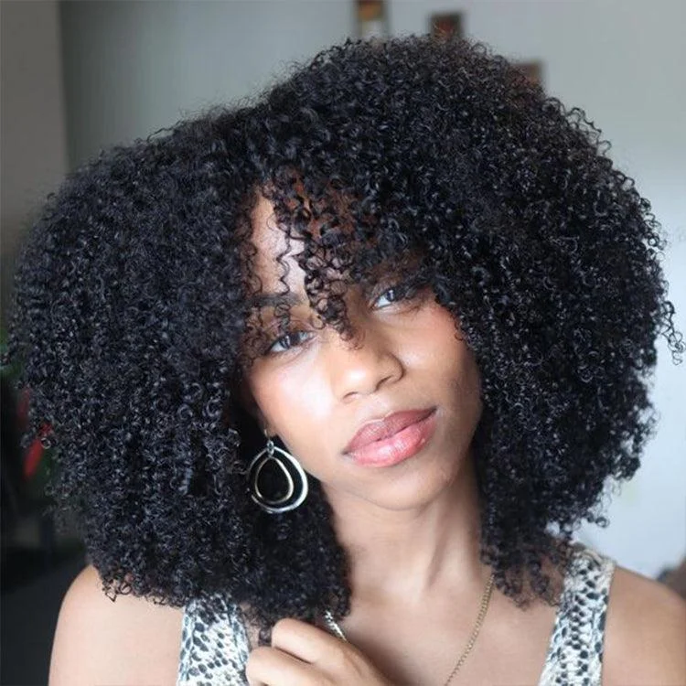 Human - hair wig in a jet - black color for a classic and timeless lookBreathable Cap Ready to Go Bouncy Jerry Curl Glueless Minimalist Lace Curly Wig with Bangs