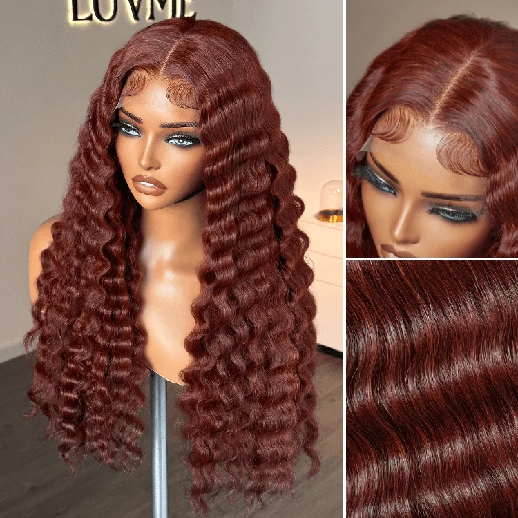 Human - hair wig with a pre - plucked hairline for a more natural lookRetro Trends Dark Reddish Brown Ocean Wave Glueless 5x5 Closure Lace Long Wig