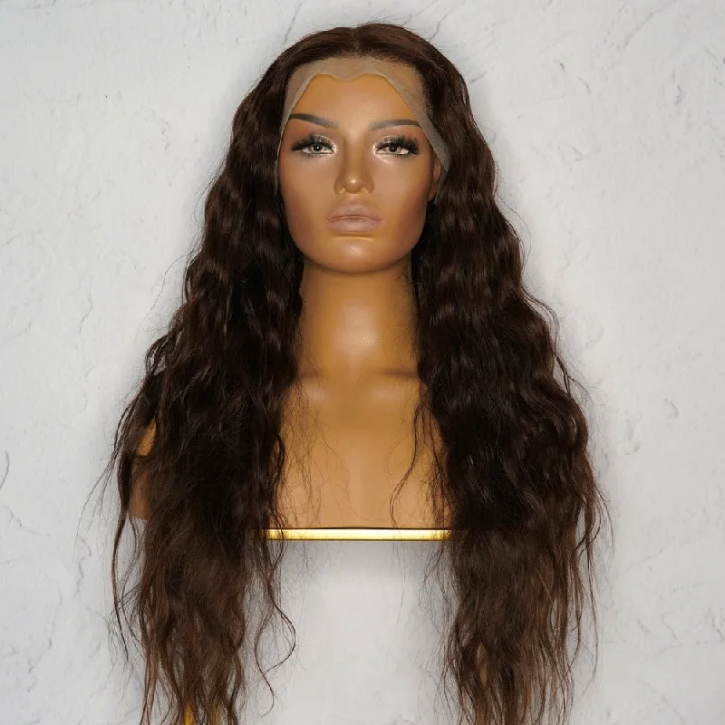 Human - hair wig with a straight texture for a sleek and minimalist lookRIRI 26" Dark Brown Wavy Human Hair Full Lace Wig