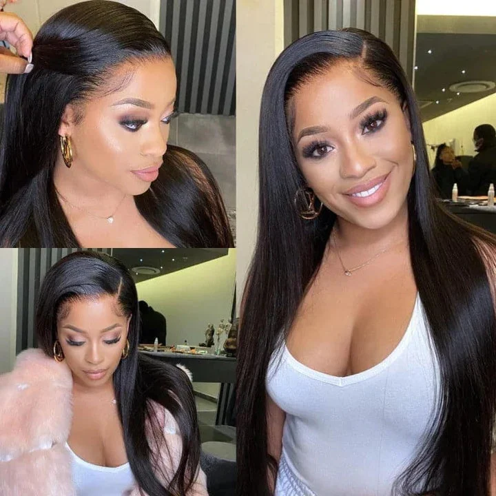 Lace wig with a side - part for a more flattering lookSilky Straight Invisible Single Knots Full Lace Pre-plucked Hairline Human Hair Lace Wig [FLW01]