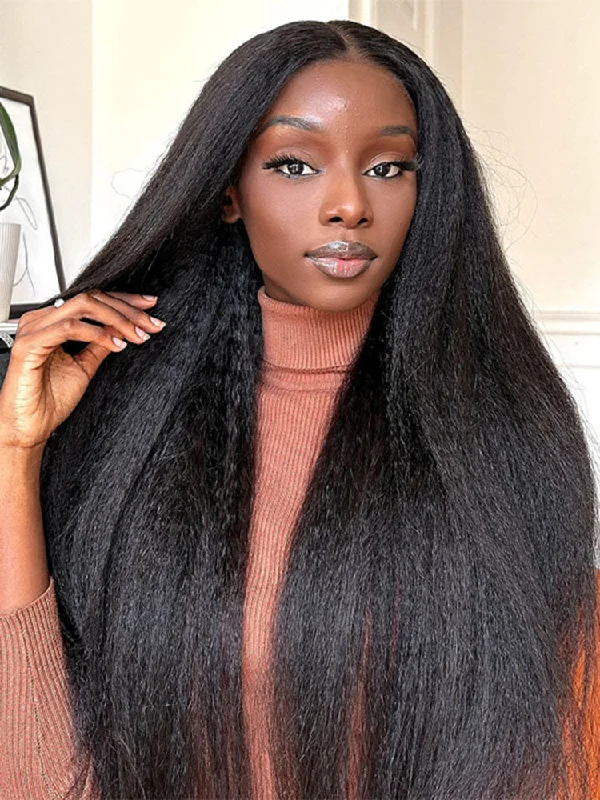 Lace wig with a 13x4 lace frontal for a wide - parting areaSimidola 4x4 HD Lace 200% Density Kinky Straight Closure Wig