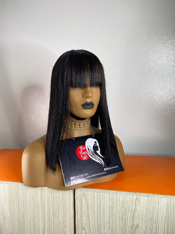 Lace wig with a platinum - blonde color for a bold and trendy lookSOPHIA FRINGE GLUELESS WIG