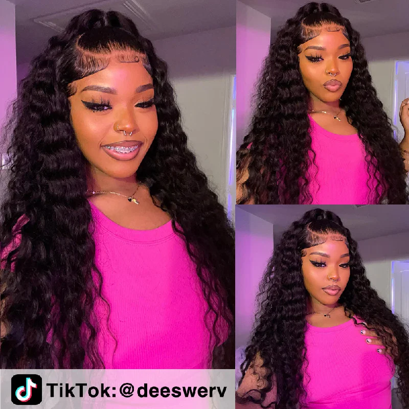 Human - hair wig with a wispy fringe for a soft and feminine lookAffordable 16-34inch Sterly 13x6/5×5 Transparent Lace Deep Wave Front Wigs Natural Color/Jet Black